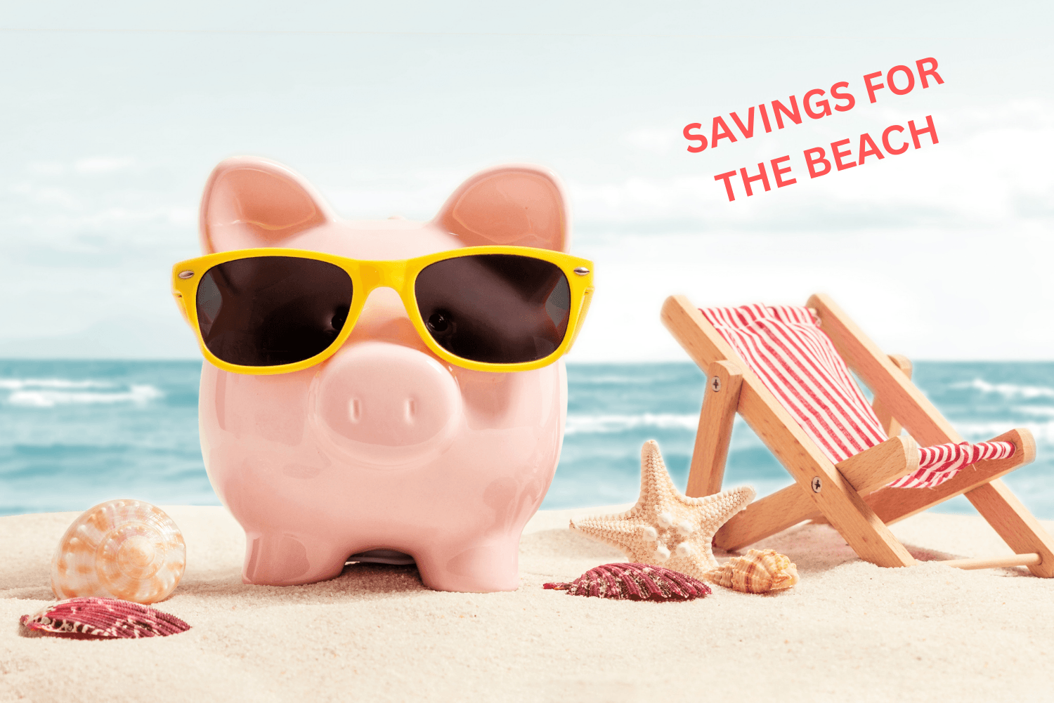 Pink piggy bank wearing sunglasses on the beach symbolising saving money for holidays