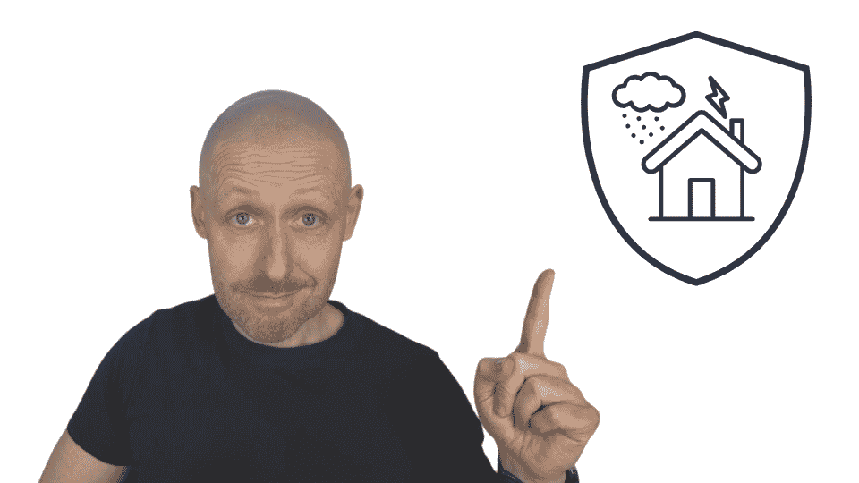 Man pointing towards a house protected by a shield icon