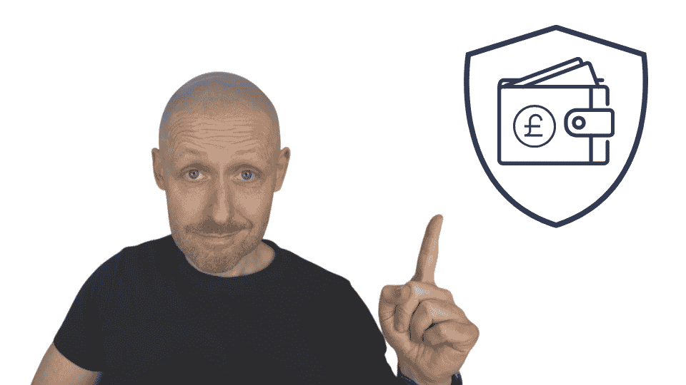 Man pointing towards a shield with a wallet and pound sign icon