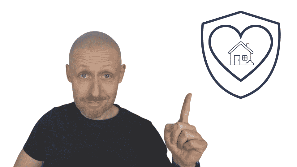 Man pointing towards a shield containing a heart and house icon