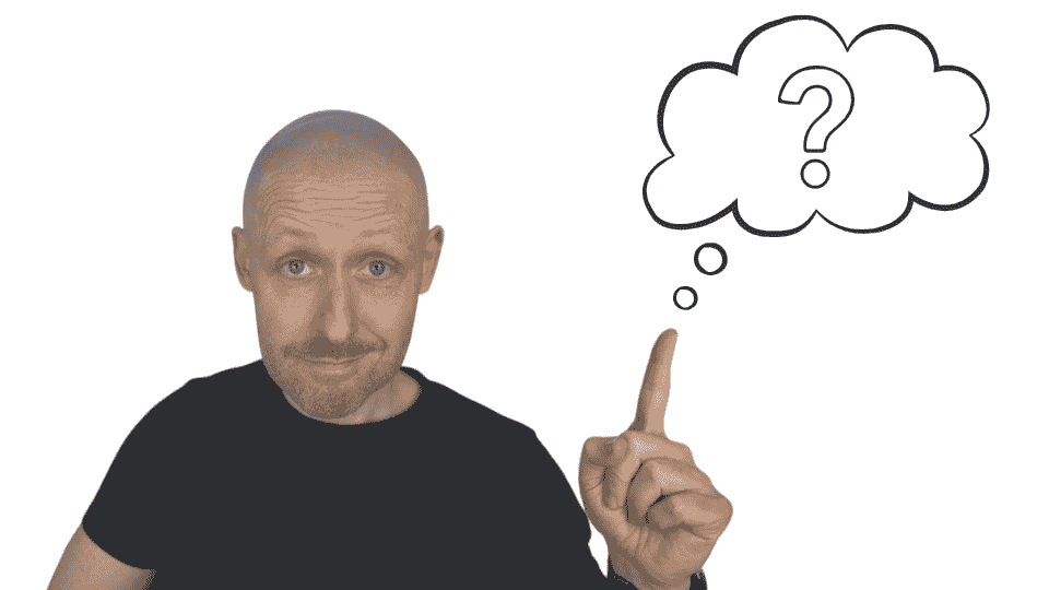 Man pointing towards a question mark